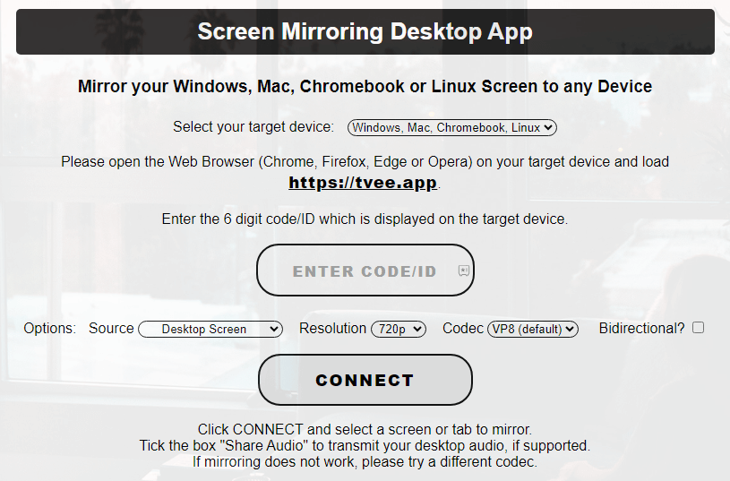 Go to the Screen Mirroring Sender webpage